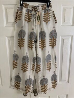 White Wide-Leg Printed Drawstring Pants